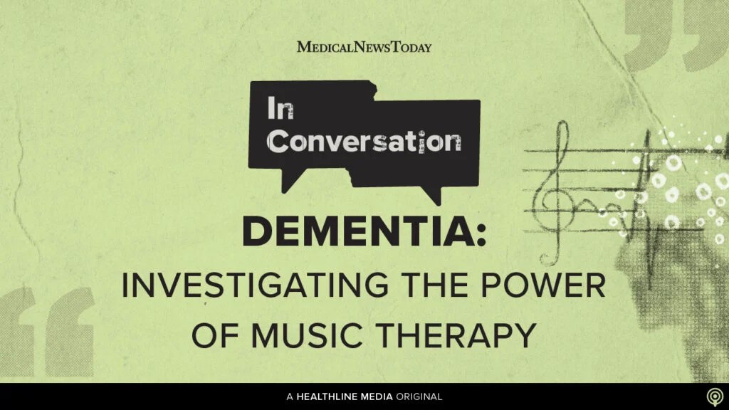 An illustration depicting the human brain with dementia and treble cleft against staff lines